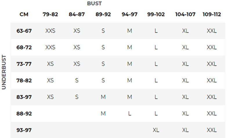 Size chart for Adapt Fleck T-Back Bra